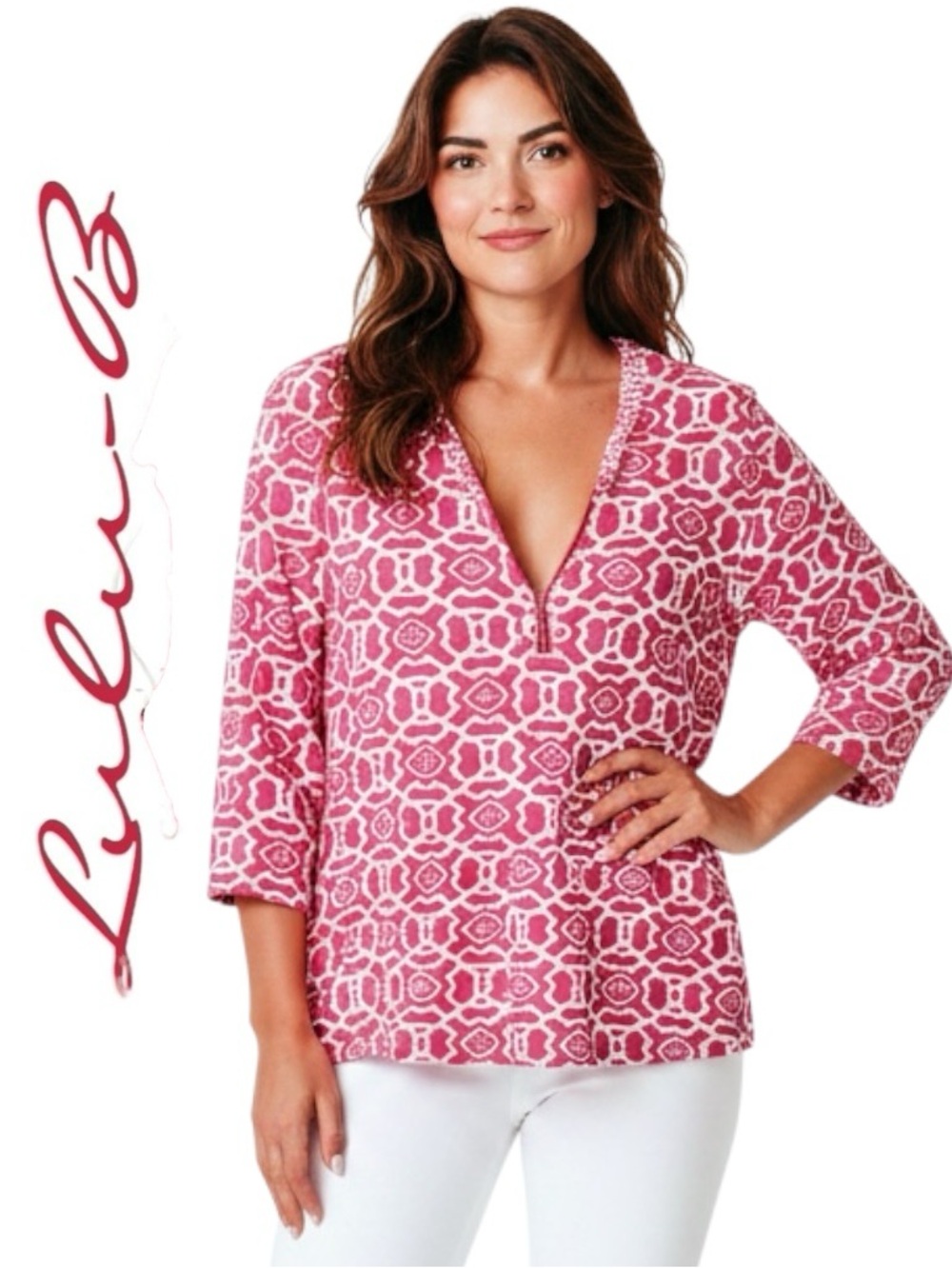 Lulu-B Resort Top UPF 50+ Pink Geo Print Crochet/Detail/Neck 3/4 Sleeves Shirt